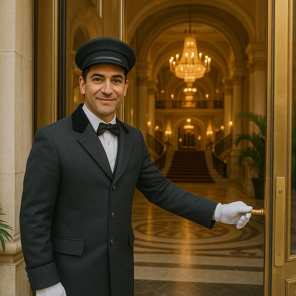Hotel Personalvermittlung – Portier im eleganten Luxushotel begrüßt Gäste